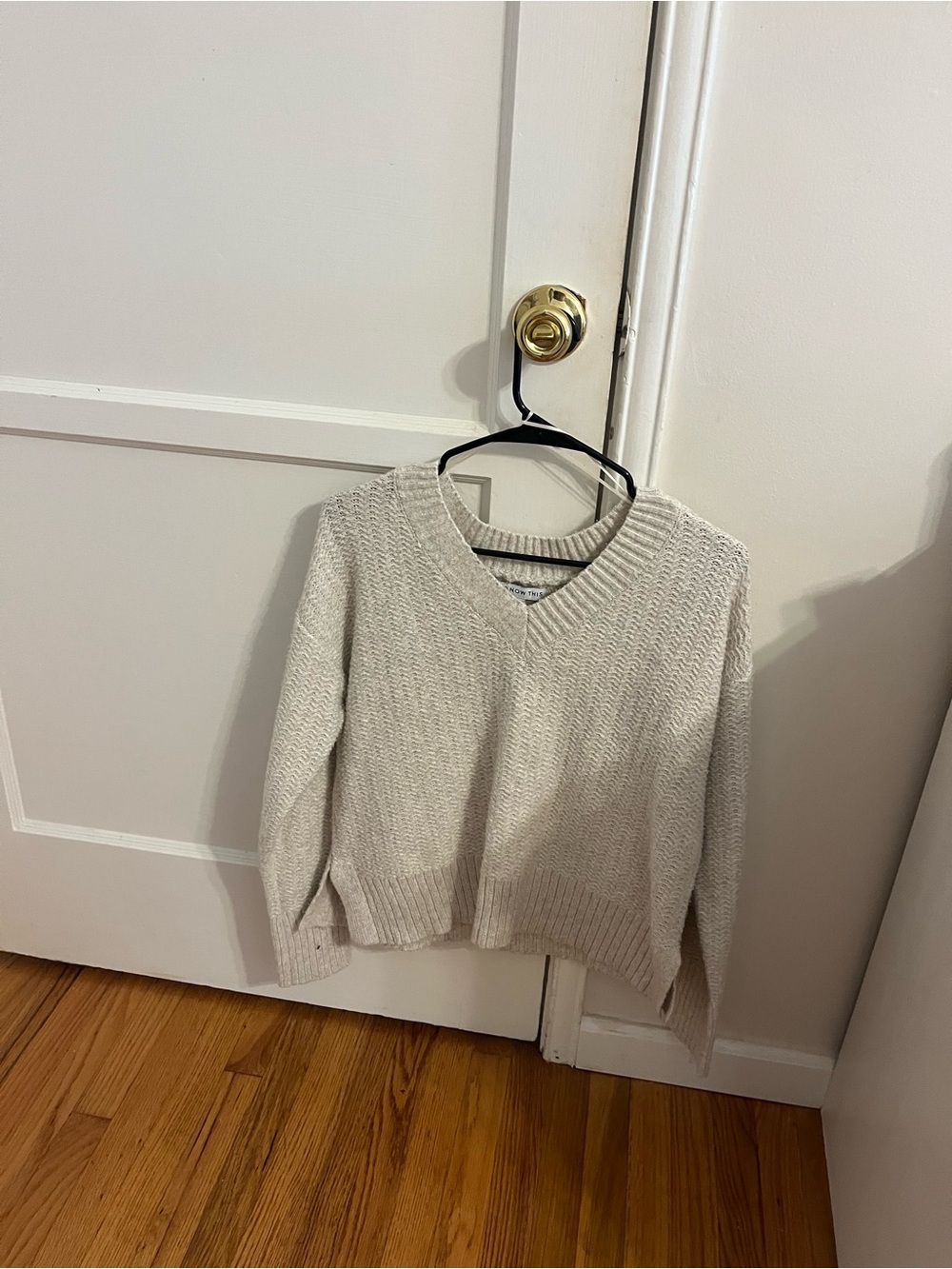 Cozy V-Neck Cable Knit Sweater in Light Beige